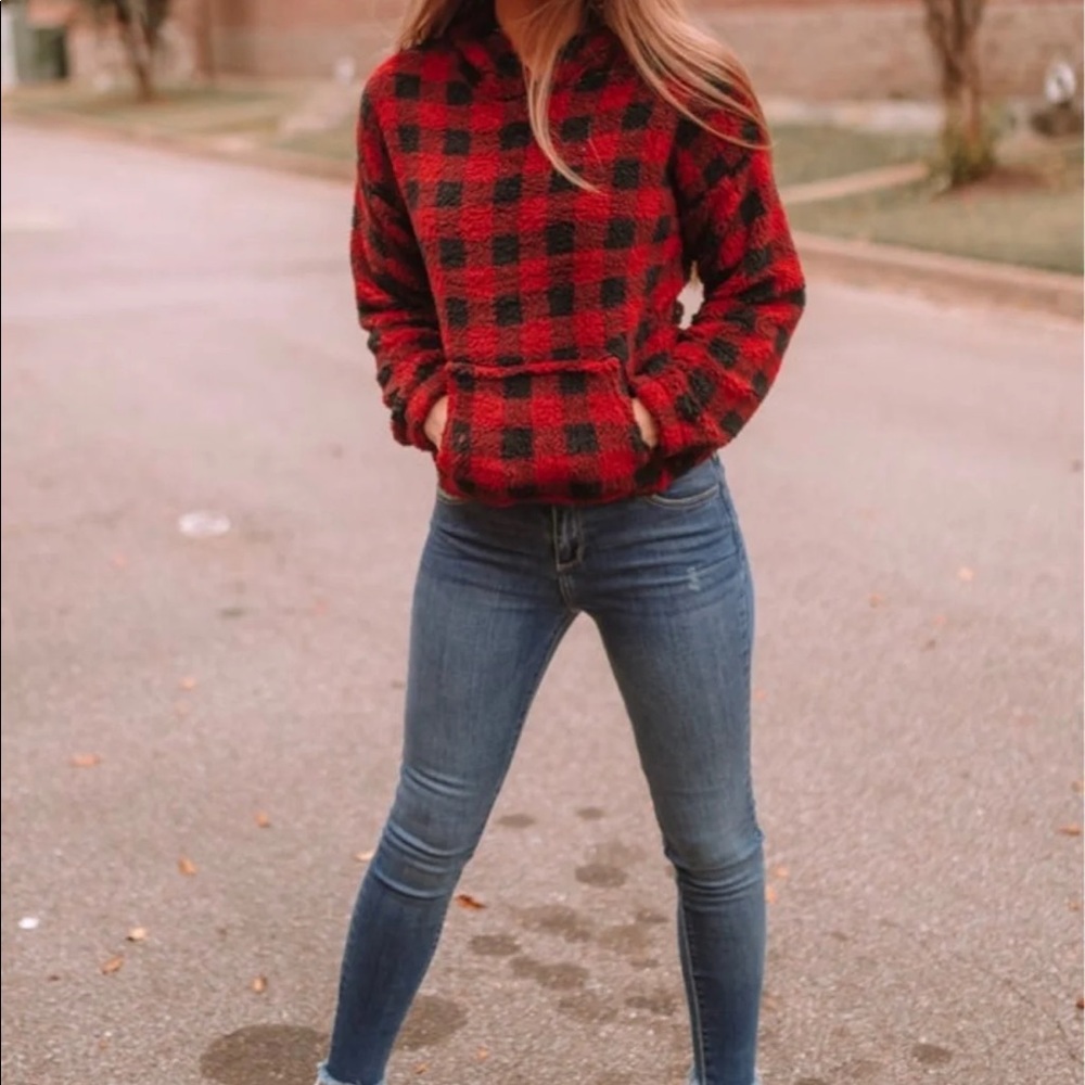 Boutique Buffalo plaid Sherpa hoodie